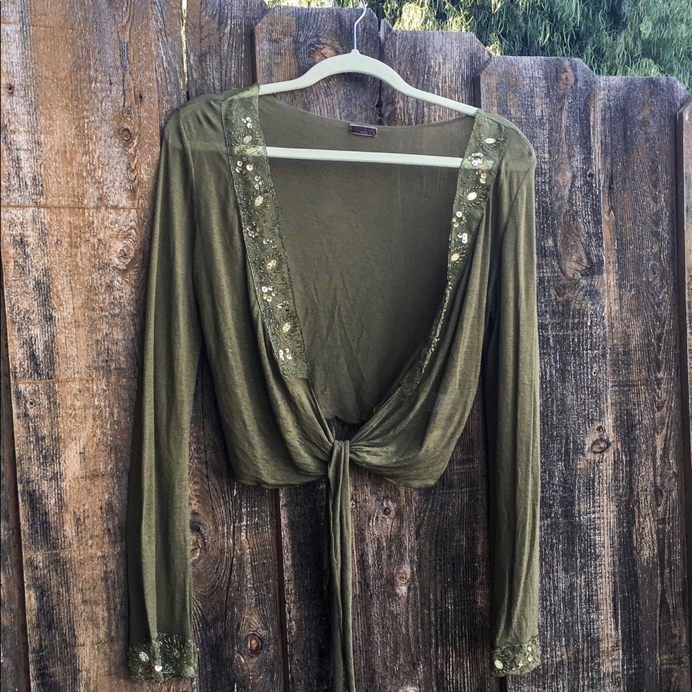 Olive green top with V neck embellishments